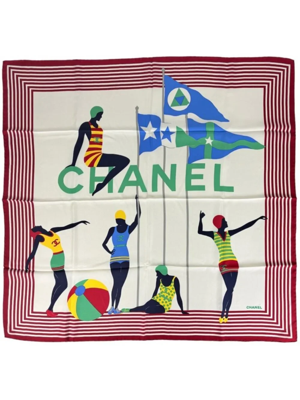 Chanel Scarf CC Logo Silk Red Multicolor